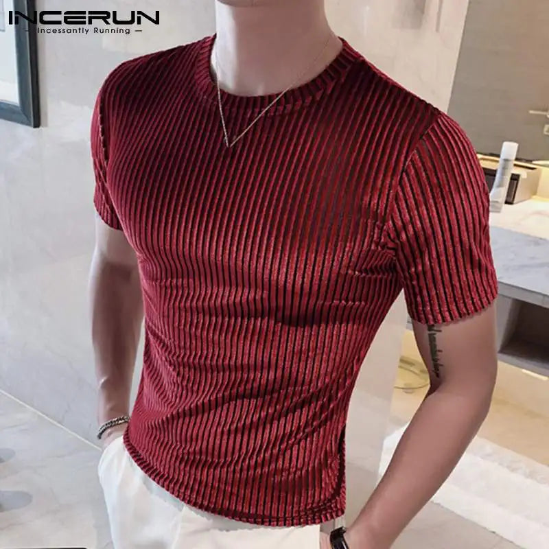 Fashion Casual Style Men's Camiseta  Party Shows Tees INCERUN Male Stylish Hot Sale Drawstring Round Neck Stretch T-shirts S-3XL