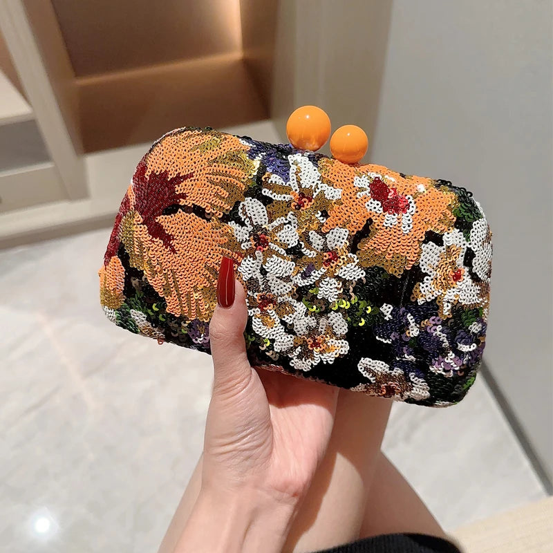 Bolso de mano con lentejuelas y clip para mujer, bandolera con bordado de flores, estilo vintage, para fiestas de noche