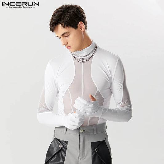 2023 Monos para hombre, de malla, con retazos, cuello alto, guantes de manga larga, peleles, camiseta para hombre, mono sexy transparente para la calle INCERUN