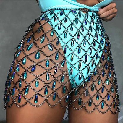 Sexy Bling Metal Body Chain Gem Sequins Skirt Women Crazy Summer Beach Hollow Out Crystal Nightclub Party Mini Skirts