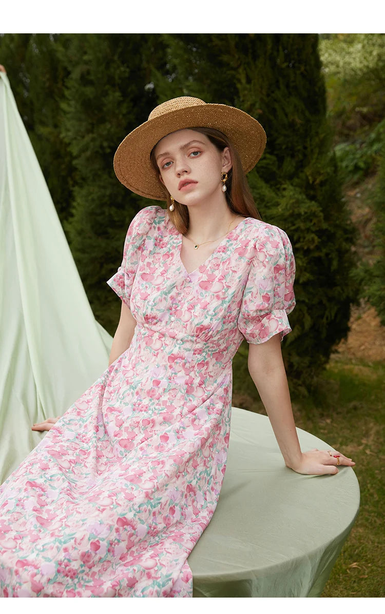 FSLE French Floral Artistic Sense Dress V-neck Elegant Retro Summer Travel Women's Dress Beach Dress 2022 New Style Two Optional