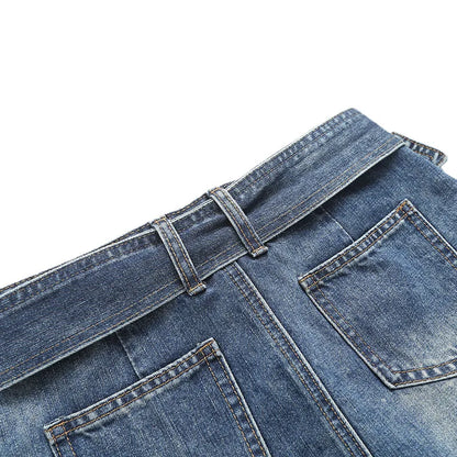 Suninheart Summer Spicy Girl Belt Denim Skirt Blue Sexy Low Waist Skirts Casual a line skirts Women's Clothing