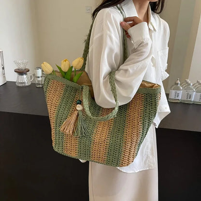 Bolso tejido de paja estilo vacaciones de verano, gran capacidad, versión coreana, tendencia occidental, bolso de hombro, bolso de mano de viaje de moda, diseñador