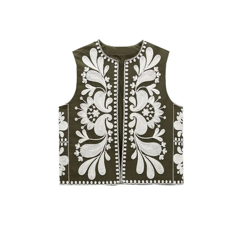 Suninheart Women Vintage Floral Embroidery Printed Unisex Vest Sleeveless Cropped Coats 2023 Summer Elegant Cotton Linen Tops