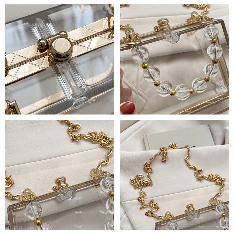 Summer Transparent Box Bag Female Small Pearl Handle Clear Shoulder Bag Chain Acrylic Dinner Bag