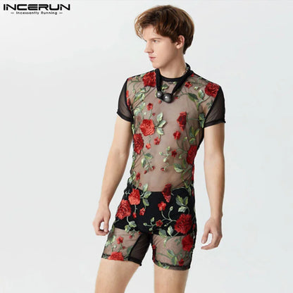 2024 Monos de hombre de malla transparente con bordado de flores, cuello redondo, manga corta, monos unisex de moda sexy, tallas S-5XL INCERUN