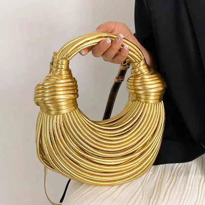 Bolsos de mano para mujer con nudo dorado a la moda, bolsos de diseñador tejidos a mano con forma de fideos, bolsos cruzados de media luna de cuero sintético de lujo 2024