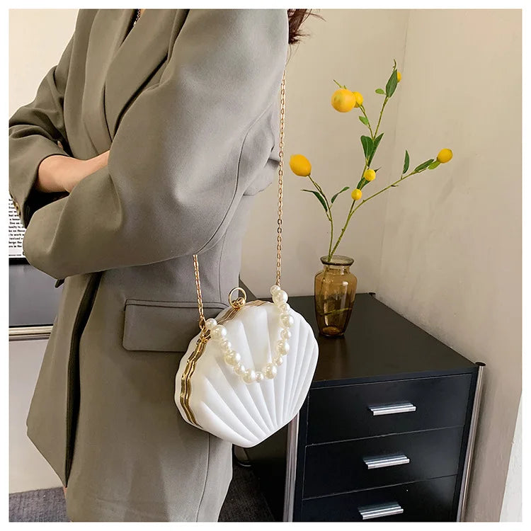 Fashion Shell Design Women Shoulder Bags Pearls Handle Lady Handbags Candy Color Pu Leather Crossbody Bag Small Female Purses