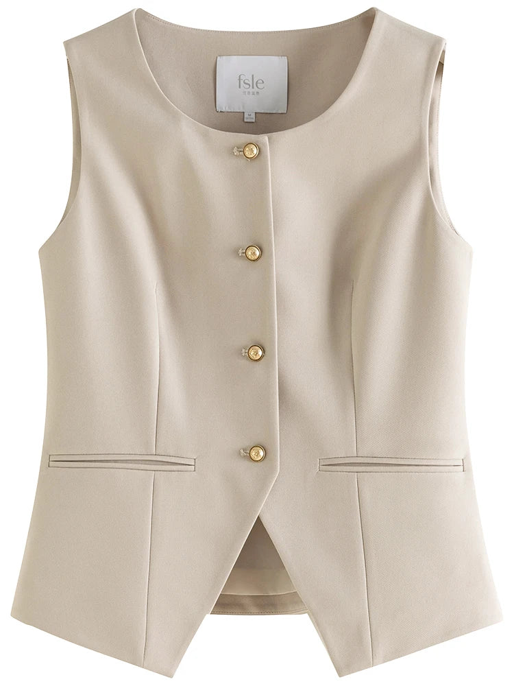 FSLE - Chaqueta de traje para mujer, estilo temperamento, para oficina, formal, chaleco y falda, 24FS11075