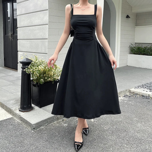 Vestido midi elegante de satén con corte en A para mujer, informal, de verano, sin mangas, estilo vintage, para fiestas de cumpleaños, color liso, JY23115GN