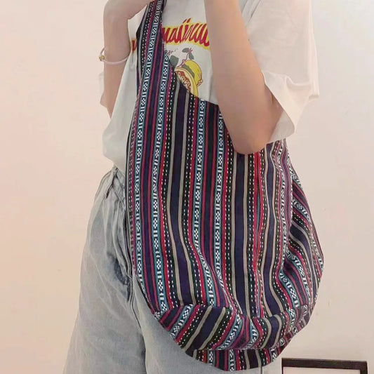 Bolso grande de lino vintage, bolso cruzado informal a rayas para mujer, bolso de hombro nacional para niñas, bolsos de compras para mujer