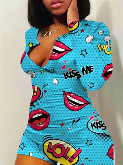 Sexy Women V-neck Bodycon Sleepwear Jumpsuit Bodysuit Shorts Romper Bodysuit Leotard Button Bodysuit 2020 Print Long Sleeve Lips