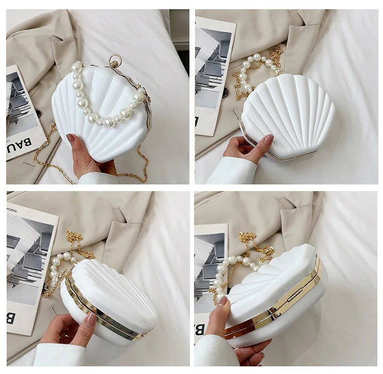 Fashion Shell Design Women Shoulder Bags Pearls Handle Lady Handbags Candy Color Pu Leather Crossbody Bag Small Female Purses