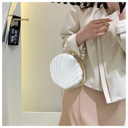 Fashion Shell Design Women Shoulder Bags Pearls Handle Lady Handbags Candy Color Pu Leather Crossbody Bag Small Female Purses