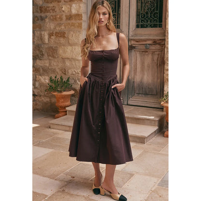 Robe élégante d'été pour femme Suninheart 2023 Robe de fête d'anniversaire à bretelles spaghetti marron Robe mi-longue boutonnée en ligne A