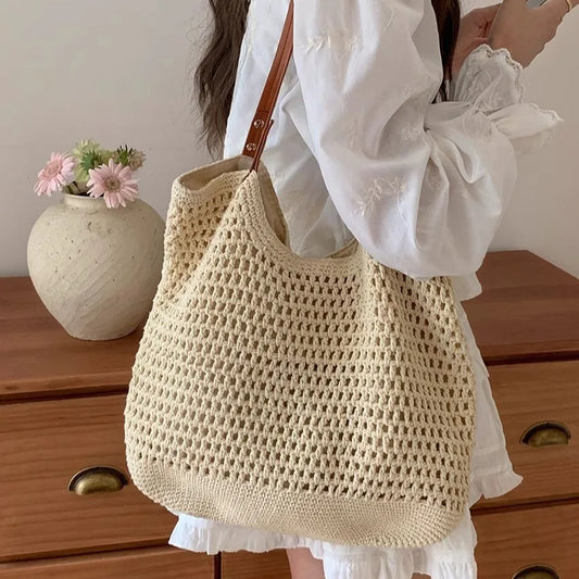 Bolso de mano informal de gran capacidad con agujeros, tejido de algodón con leche, para mujer, bolso de hombro hecho a mano, bolso de playa de verano, bolso grande tipo Bali