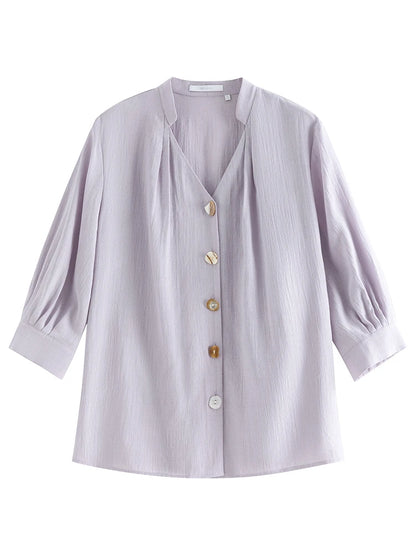 Camisa holgada y acogedora con cuello en V francés de FSLE para mujer, camisa holgada de manga tres cuartos para primavera y verano para mujer 24FS12069