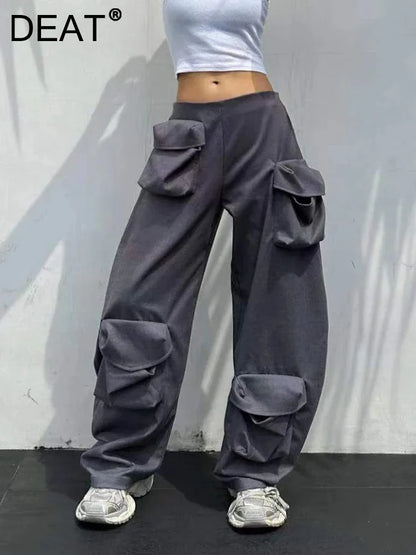 DEAT Pantalones cargo de moda para mujer, sueltos, rectos, de cintura baja, de color sólido, con múltiples bolsillos en 3D, primavera de 2024, nueva tendencia 7AB2535