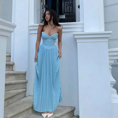 Suninheart Summer Sexy Strapless Dresses Women 2024 New Arrivals Blue Elegant Pleated Dress Maxi Bustier Birthday Party Dresses