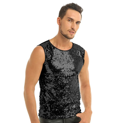 YiZYiF Men's Sequin Tank Top Shiny Crop top Vest Crew Neck Slim Vest Sexy WetLook Tank Top Clubwear Tee Muscle Tank Men Vest Top