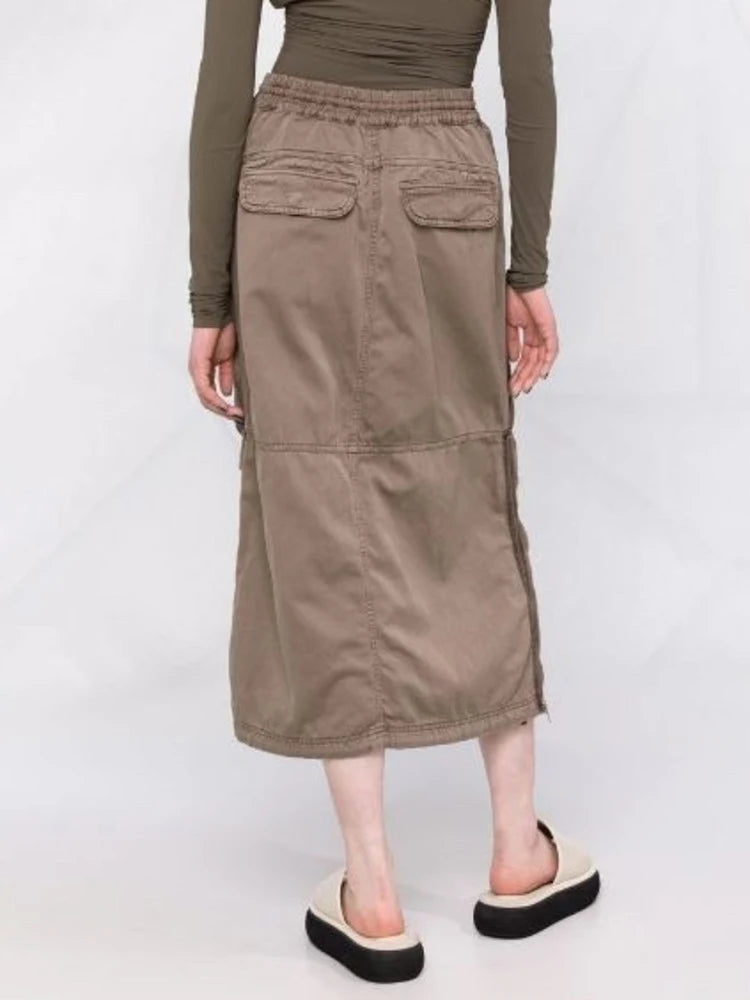 DEAT Fashion Women's Skirt New Elastic High Waist Zipper Big Pockets Loose Straight Brown Mid-calf Skirts Autumn 2024 17A2634