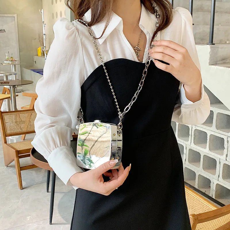 Luxury Silver Metal Box Bag Ladies Party Clutch Bag Evening Bag Chain Purse Crossbody Mini Bag Female Shoulder Bag Handbag Flap