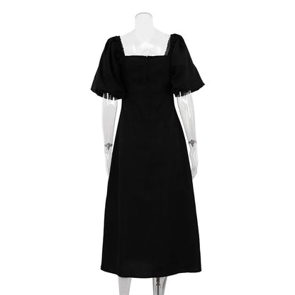 Suninheart Maxi Summer Puff Sleeve Holiday Dress Black Square Neck Party Dresses Casual A Line Women Dress 2023