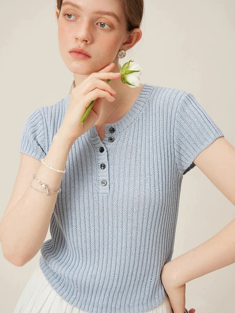 FSLE Knitted Women T-Shirt Commuting Versatile Casual Top 2024 Summer New Design Thin Short-Sleeved Female Top 24FS12196