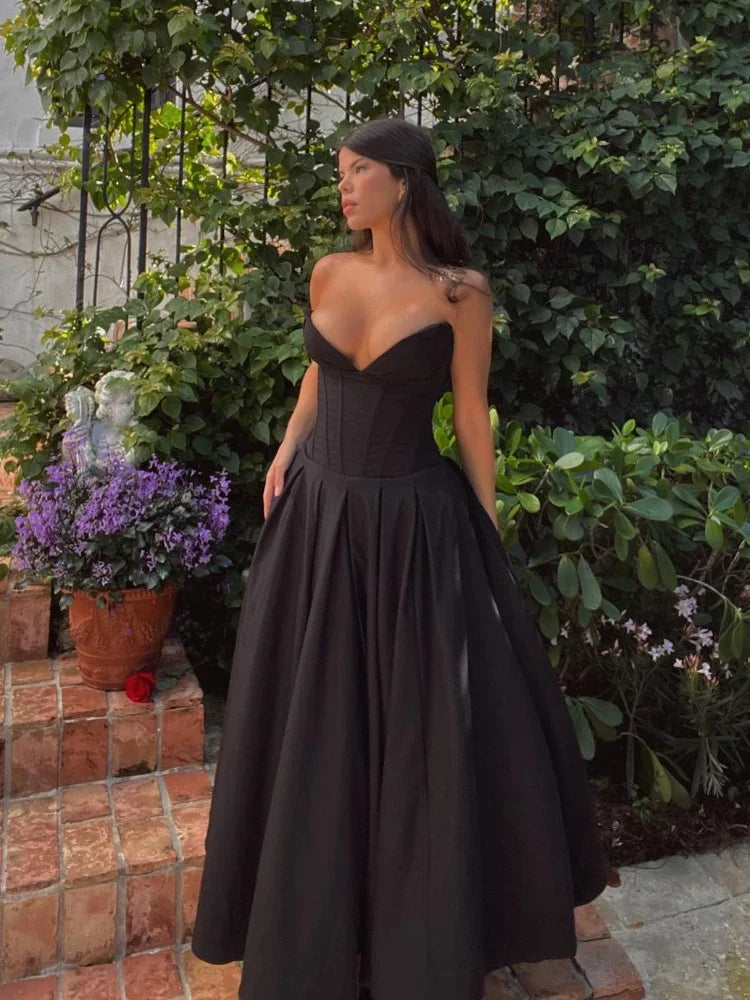 Suninheart - Vestido elegante negro para bodas y eventos, vestido sexy sin tirantes con corsé, vestidos de fiesta de Navidad a media pierna para mujer, ropa 2023