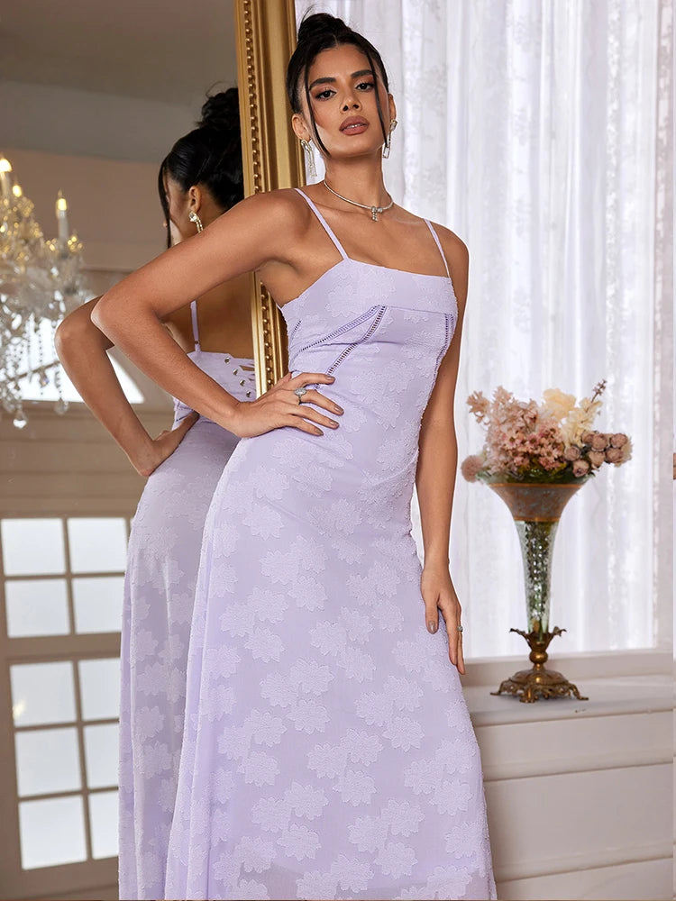 Dropshipping Nuevo vestido largo elegante de verano 2024, recién llegado, vestido morado con tirantes finos para invitados de boda, vestidos de fiesta con cordones