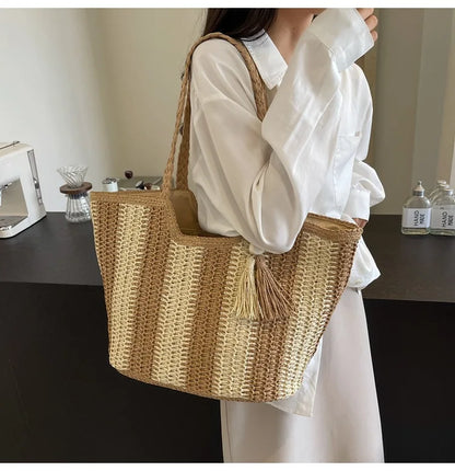 Bolso tejido de paja estilo vacaciones de verano, gran capacidad, versión coreana, tendencia occidental, bolso de hombro, bolso de mano de viaje de moda, diseñador