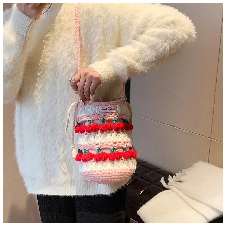 Handmade Woven Cherry Woolen Bag Fresh Fruit Woven Bag Crochet Knitted Bag Leisure String Shoulder Crossbody Bag 2024 New