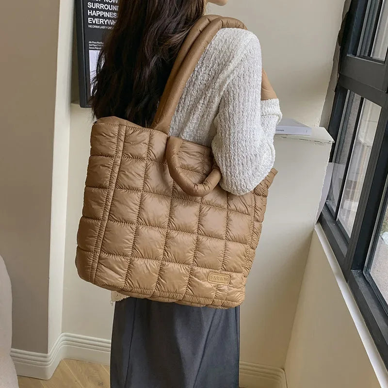 Bolso de mano acolchado de gran capacidad para mujer, bolsa de mano de nailon ligero y suave, de nailon, para compras grandes