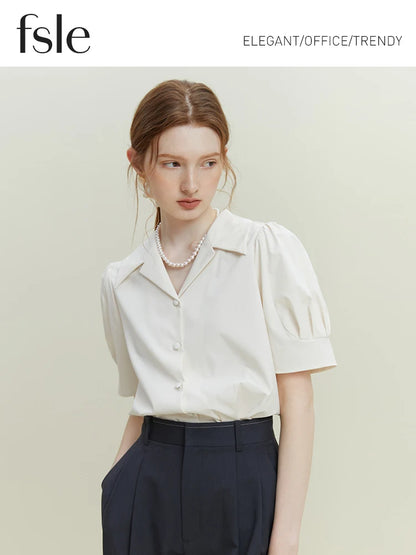 FSLE Office Lady Turn-Down Collar Women Short Sleeve Shirts Simple White Temperament Commuter Blouses Women Summer Tops