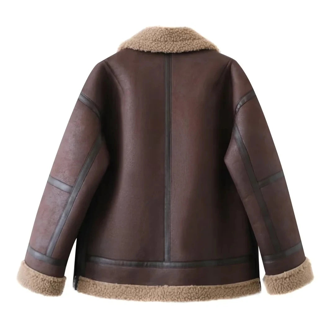 Veste d'hiver chaude en cuir PU pour femme, manteau à manches longues et fermeture éclair, style vintage, à la mode, 2023