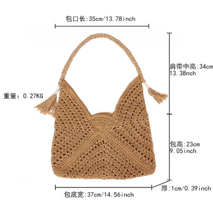 Casual Hollow Tassel Straw Tote Bag Bohemian Women Shoulder Bag Handmade Woven Summer Beach Bag Big Bali Purses 2024