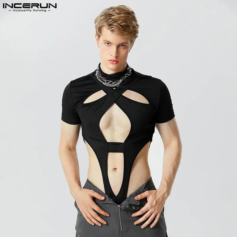 Fashion Men's Homewear Jumpsuits INCERUN 2024 Symmetric Hollow Design Short Sleeve Half High Neck Solid Triangle Bodysuits S-5XL