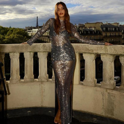 Vestido de fiesta de cóctel para mujer, en blanco y negro, elegante, liso, de manga larga, informal, con diamantes de imitación, para playa