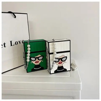 Petit sac à bandoulière pour femme, sac en forme de étui à cigarettes amusant, sac à lunettes tendance pour fille, sac à chaîne avec poignée en chaîne de perles, sac à boîte