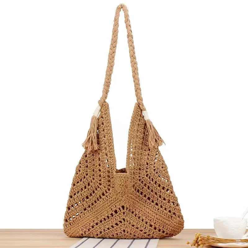 Casual Hollow Tassel Straw Tote Bag Bohemian Women Shoulder Bag Handmade Woven Summer Beach Bag Big Bali Purses 2024