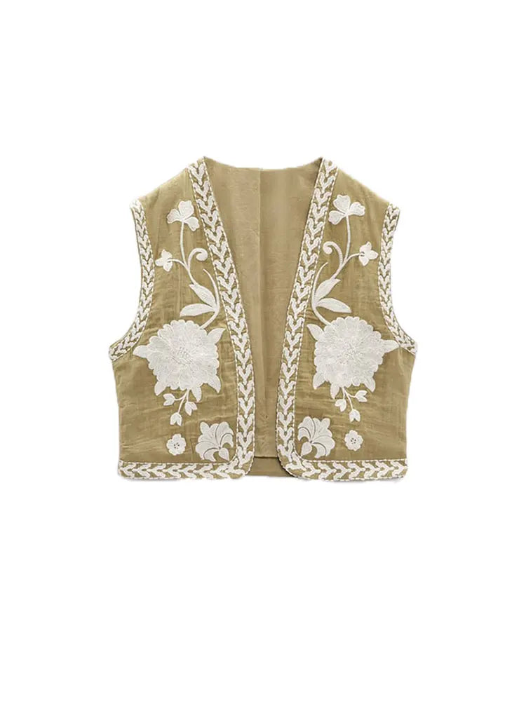 Suninheart Women Vintage Floral Embroidery Printed Unisex Vest Sleeveless Cropped Coats 2023 Summer Elegant Cotton Linen Tops