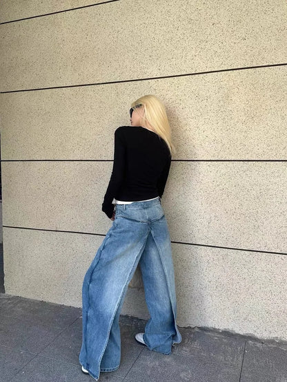 DEAT Fashion Women's Wear Jeans In Both Front And Back High Waist Deconstruct Two Fake Loose Denim Pants Winter 2024 New 7AB2797