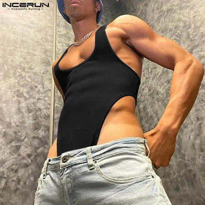 2023 Hommes Bodys Couleur Unie Streetwear O-cou Sans Manches Sexy Barboteuses Fitness Mode Hommes Bodys Débardeurs S-5XL INCERUN