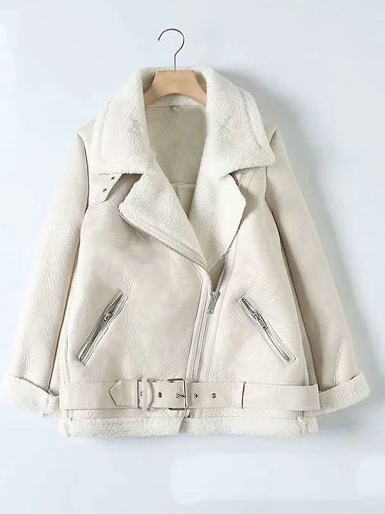 Chaqueta de piel sintética con solapa de Suninheart para mujer, abrigo holgado de manga larga, grueso y cálido, estilo vintage de lana de cordero, estilo locomotora para mujer