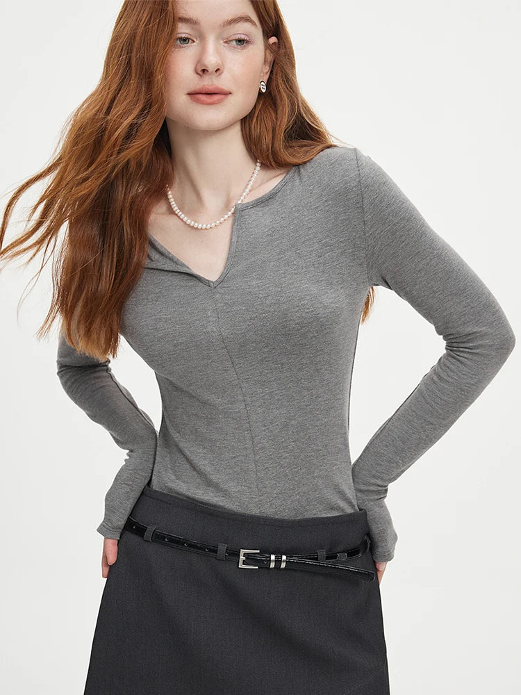 FSLE Women Pullover Long Sleeve Tops Sweater For Women V-Neck Slim Cotton Grey Pullover Beige Sweaters Autumn Top 24FS13097