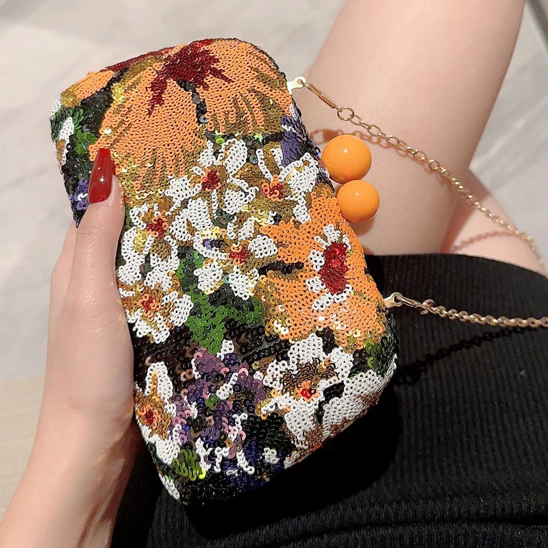 Bolso de mano con lentejuelas y clip para mujer, bandolera con bordado de flores, estilo vintage, para fiestas de noche