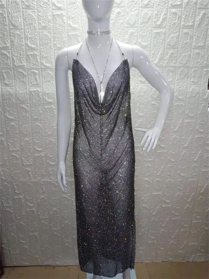 Robe de soirée longue et élégante en cristal pailleté pour femme, robe de soirée sexy dos nu, licou, scintillante, fendue haute