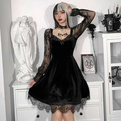 E-girlGrunge Gothic Black Mini Dress Lace Trim High Waist Bodycon Dress Y2K Women 90s Vintage Punk Harajuku Lolita Clothes