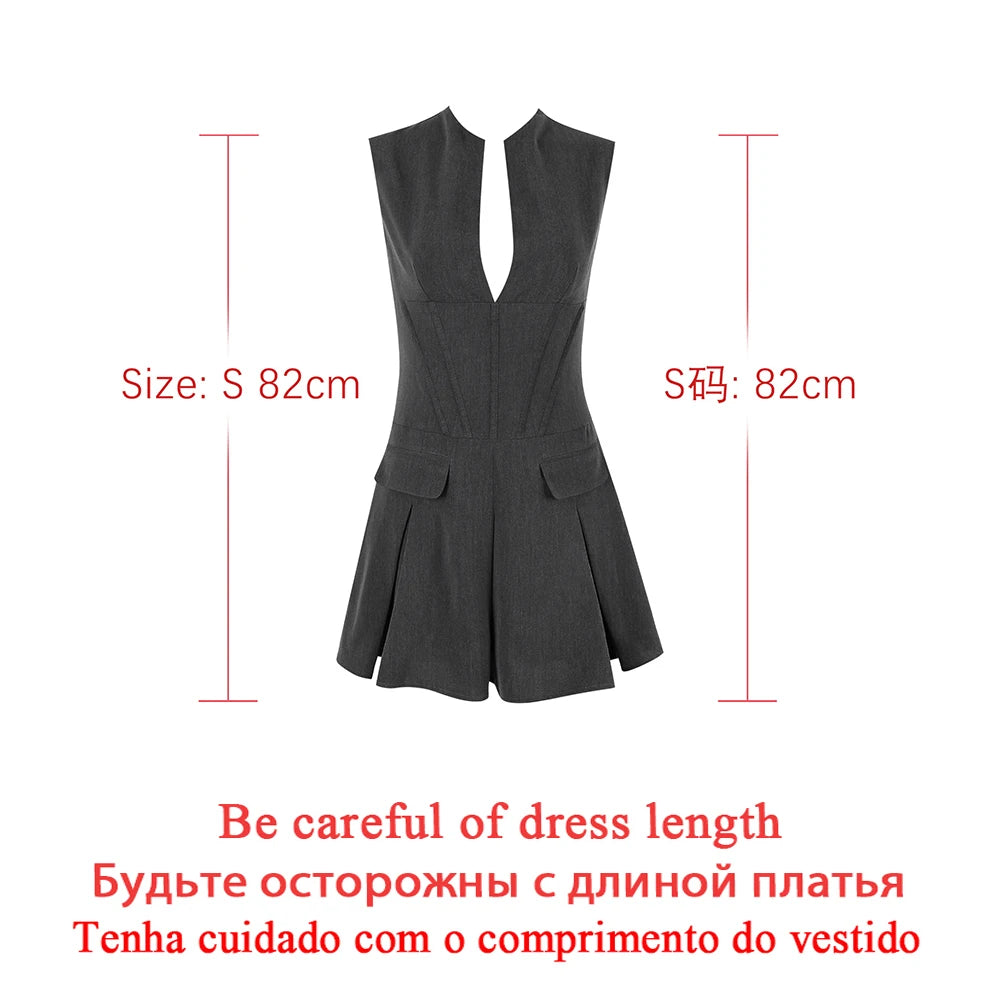 Dropshipping Otoño Mujer Oficina Dama Blazer Vestido 2024 Moda Casual Sin Mangas Vestido Línea A Con Bolsillo Ropa De Mujer Gris