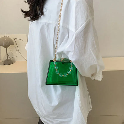 Summer Transparent Box Bag Female Small Pearl Handle Clear Shoulder Bag Chain Acrylic Dinner Bag